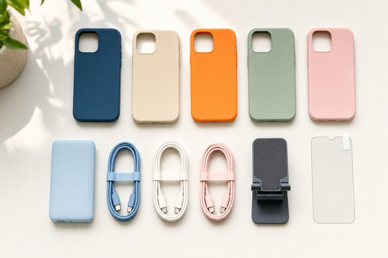 Auswahl an Smartphone-Zubehör: Schutzhüllen, Ladekabel, Powerbank, Halterung und Displayschutz